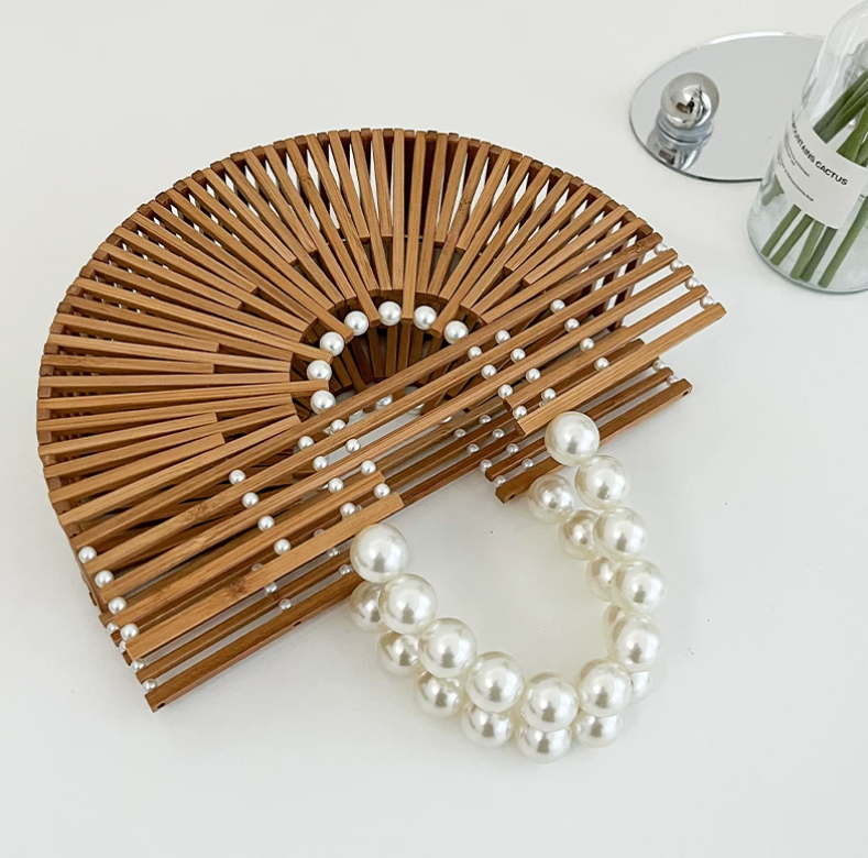 Handcrafted Bamboo Bag – Crescent & Fan-Shaped Top Handle Tote for Spring