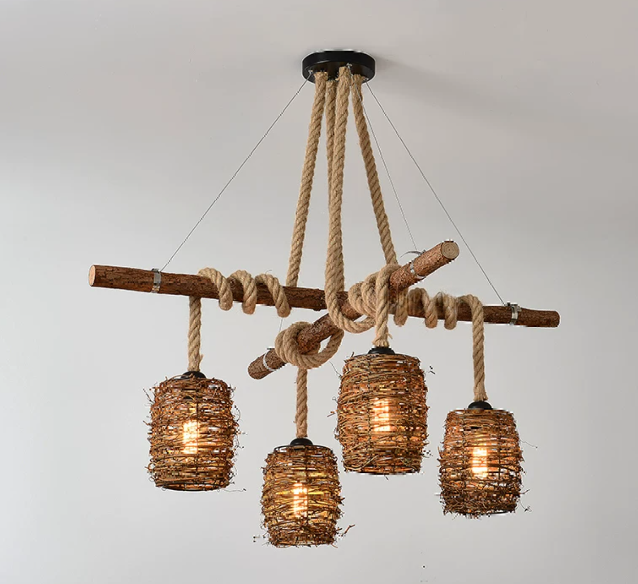 Wabi-Sabi Hanging Pendant Light – Handcrafted Rattan & Hemp Rope Chandelier