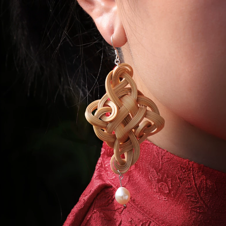 Handwoven Bamboo & Pearl Earrings – Auspicious Knot Inspired Artisan Jewelry