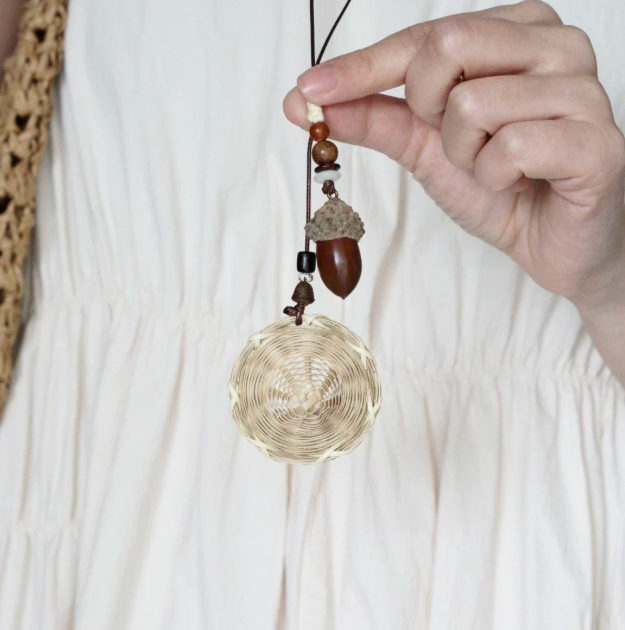 Handwoven Bamboo Hat Necklace – Nature-Inspired Artisan Summer Pendant
