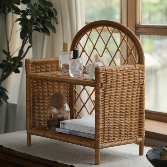 Handwoven Rattan Storage Shelf – Two-Tier Organizer for Home & Hospitality Spaces