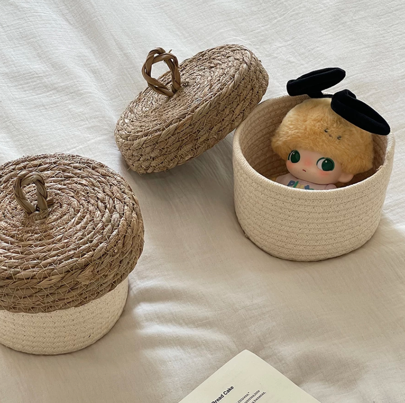 Handwoven Lidded Storage Basket – Round Grass Woven Organizer Box