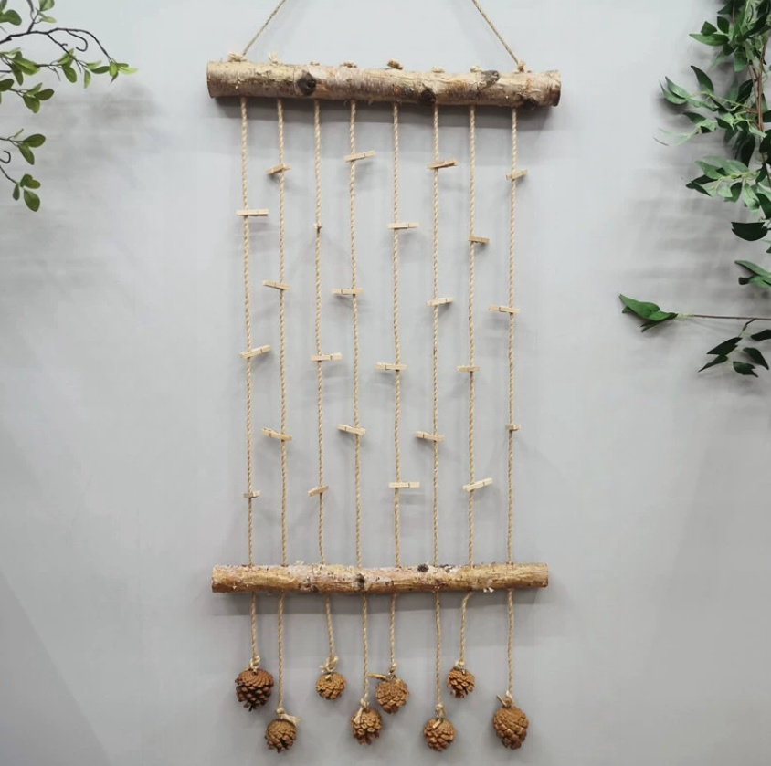 Rustic Wooden Photo Display – Handmade Hanging Wall Decor with Natural Rope