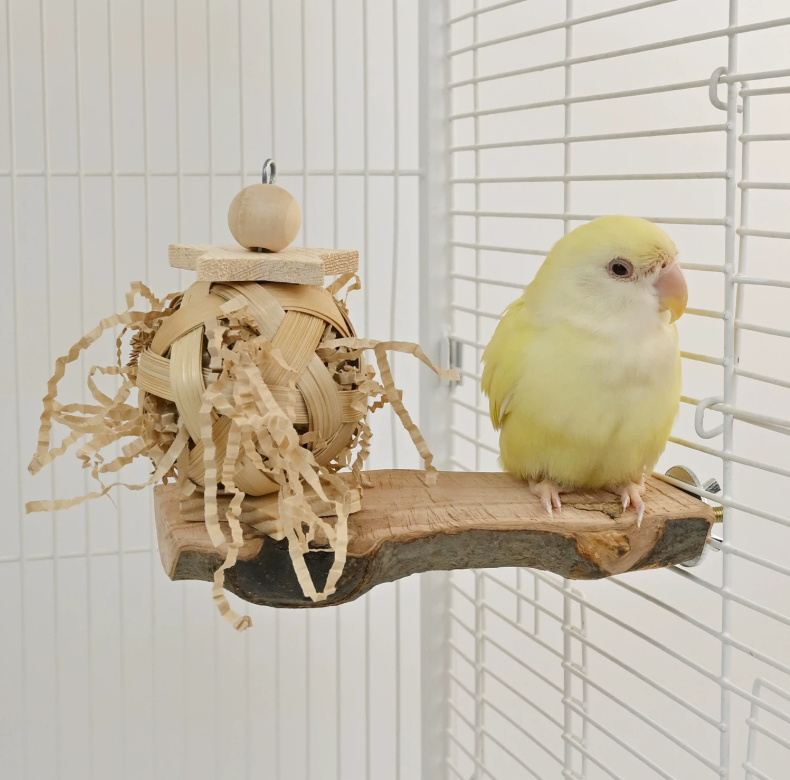 Natural Apple Wood Bird Perch with Woven Grass Ball – Parrot Chew & Enrichment Toy