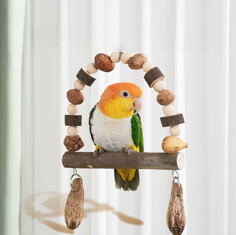 natural bird swing & perch – handmade parrot enrichment toy with pinecones and natural fruits