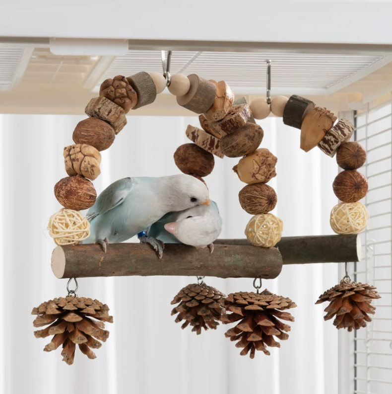 natural bird swing & perch – handmade parrot enrichment toy with pinecones and natural fruits