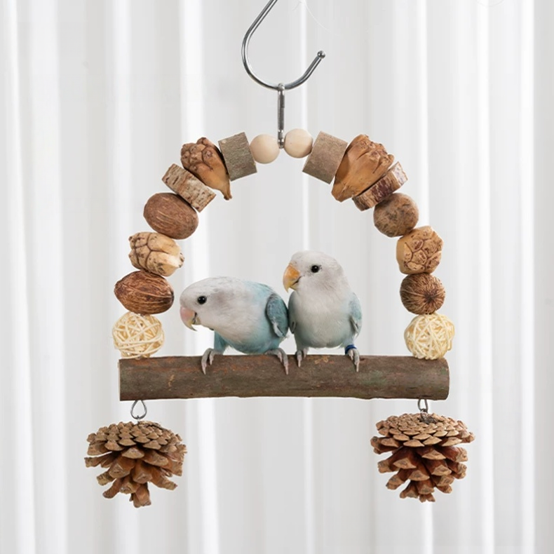 natural bird swing & perch – handmade parrot enrichment toy with pinecones and natural fruits
