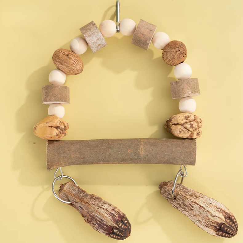 natural bird swing & perch – handmade parrot enrichment toy with pinecones and natural fruits