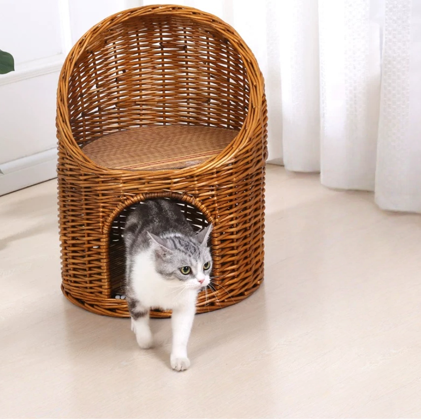 handwoven wicker cat house – two story cat bed & scratching lounge