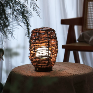 handwoven wood & rattan table lamp | wabi sabi japanese style bedside night light