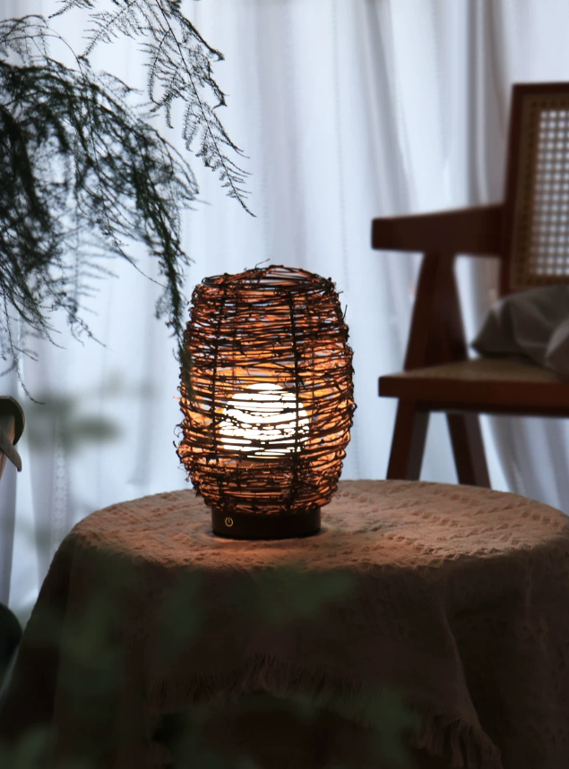 handwoven wood & rattan table lamp | wabi sabi japanese style bedside night light
