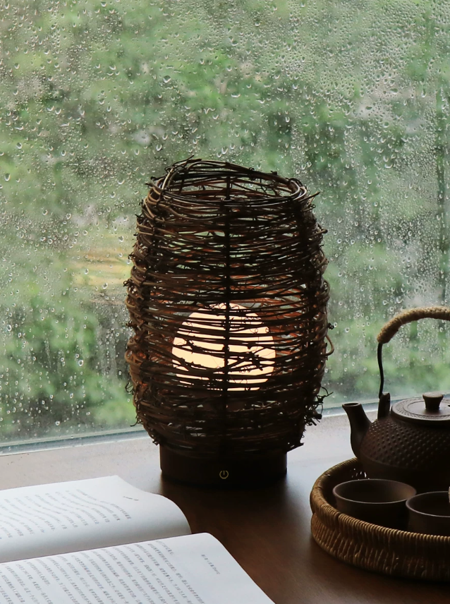 handwoven wood & rattan table lamp | wabi sabi japanese style bedside night light