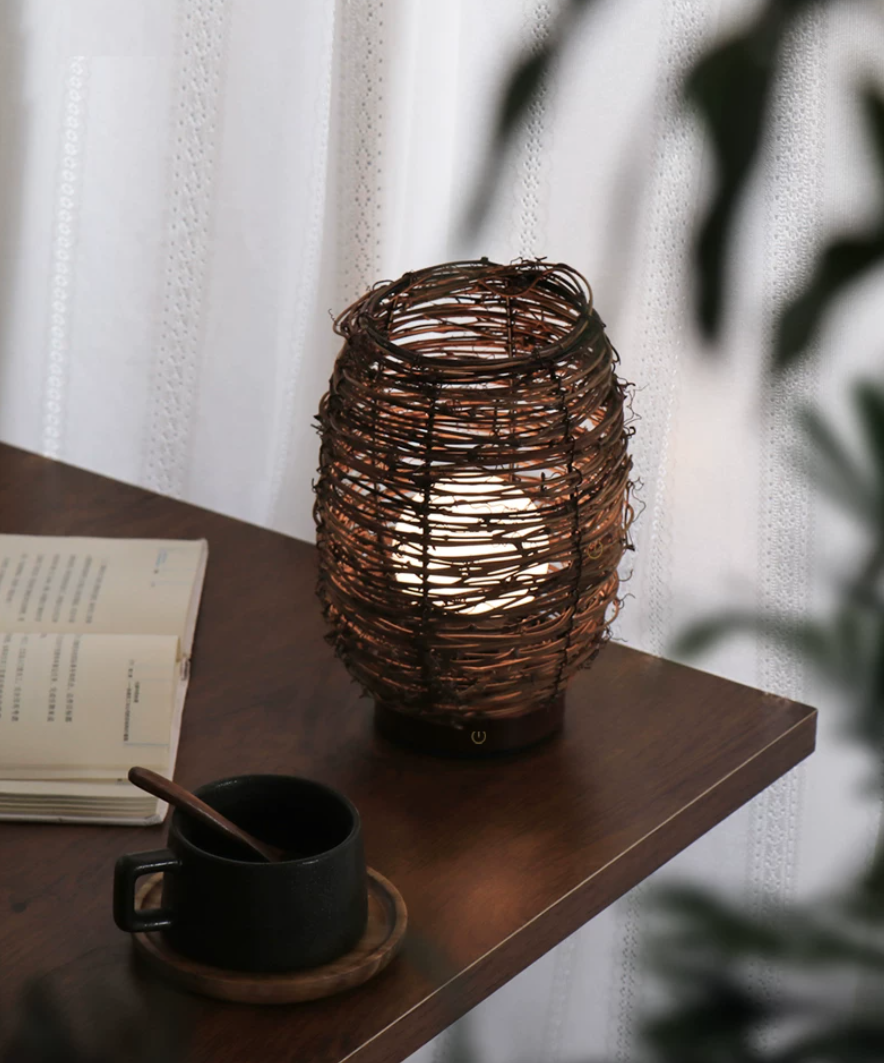 Handwoven Wood & Rattan Table Lamp | Wabi-Sabi Japanese Style Bedside Night Light