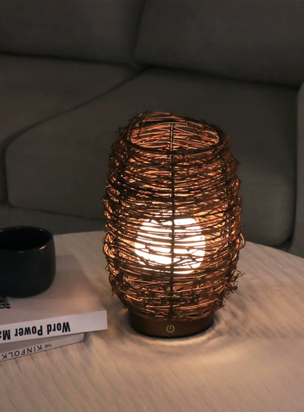 handwoven wood & rattan table lamp | wabi sabi japanese style bedside night light