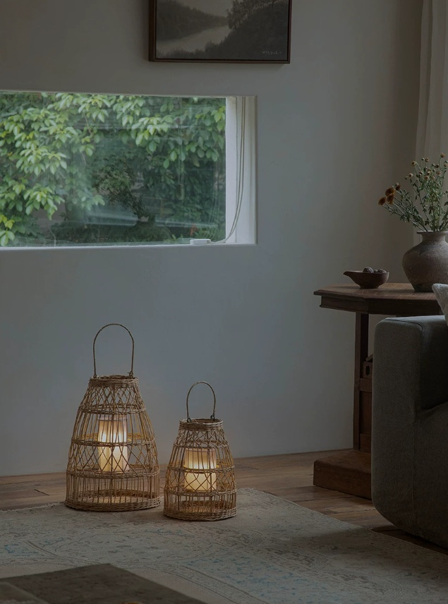 Handwoven Rattan Lantern with Rechargeable LED | Wabi-Sabi Decorative Floor Lamp