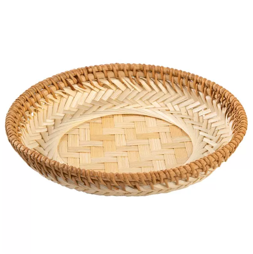 Handwoven Bamboo Tray – Natural Round Woven Serving Tray for Kitchen Storage & Rustic Home Decor