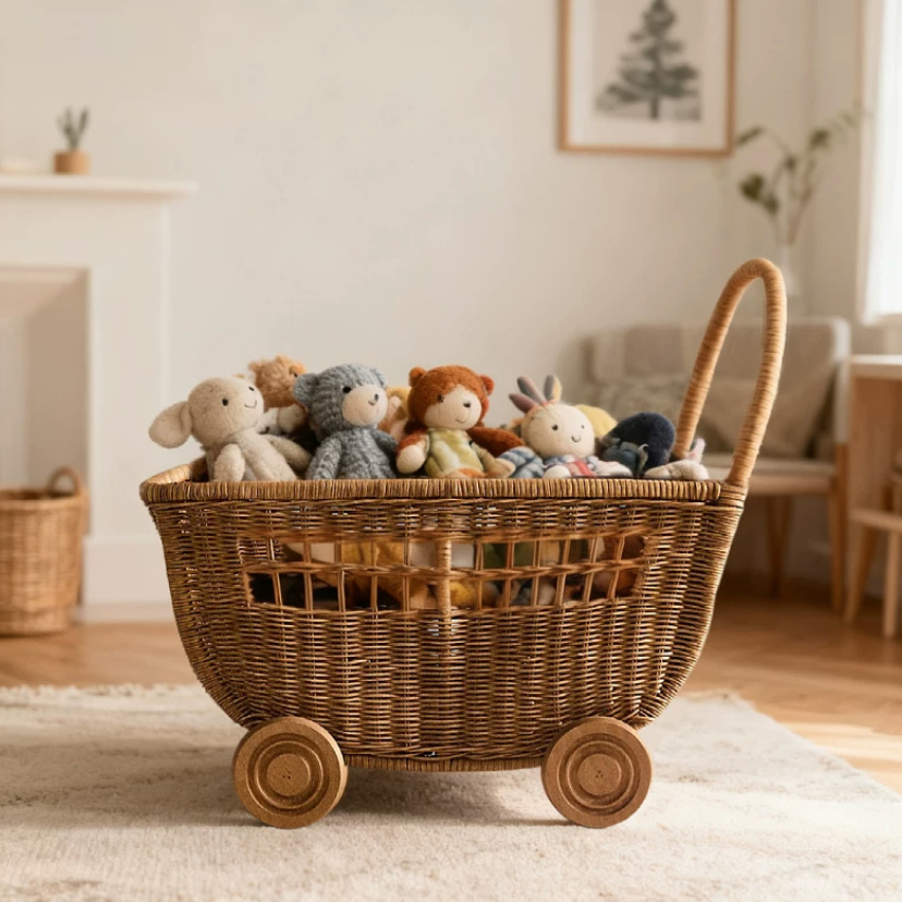 Natural Rattan Rolling Basket Cart | Handmade Woven Storage Organizer
